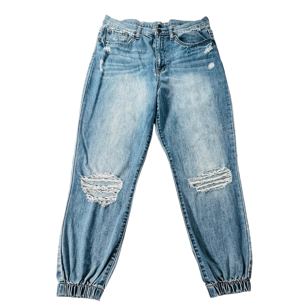 Rewash High Rise Jogger Jeans Womens Juniors 11/30 Distressed Blue Denim Elastic